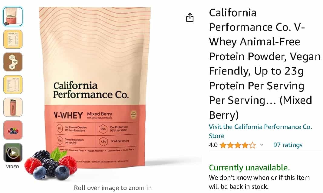 An image of a screenshot taken from Amazon.com showing California Performance Co's V-Whey Protein Powder on Sale.